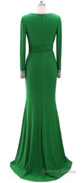 Women Long Mother of Bride Dresses Green Grey Long Sleeve V Neck Evening Dresses